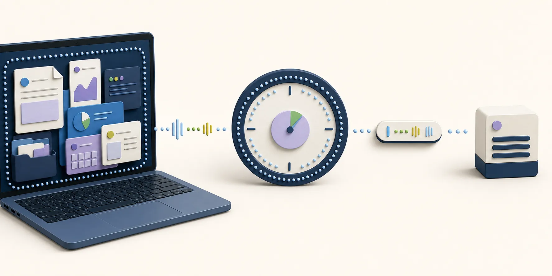 Timing pulses from computer work are grouped over one minute into a single anonymous summary for research validation, while work content stays on the computer.